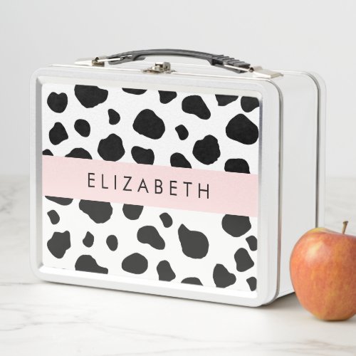 Cow Print Cow Spots Black And White Your Name Metal Lunch Box