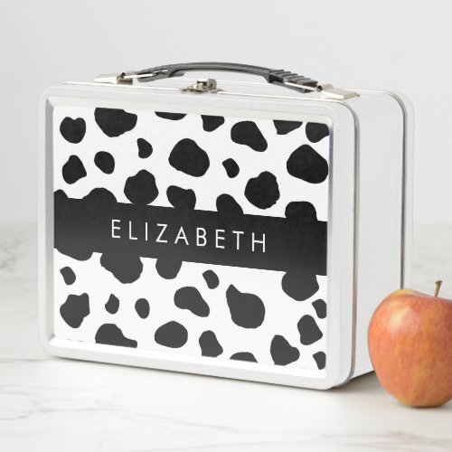 Cow Print Cow Spots Black And White Your Name Metal Lunch Box