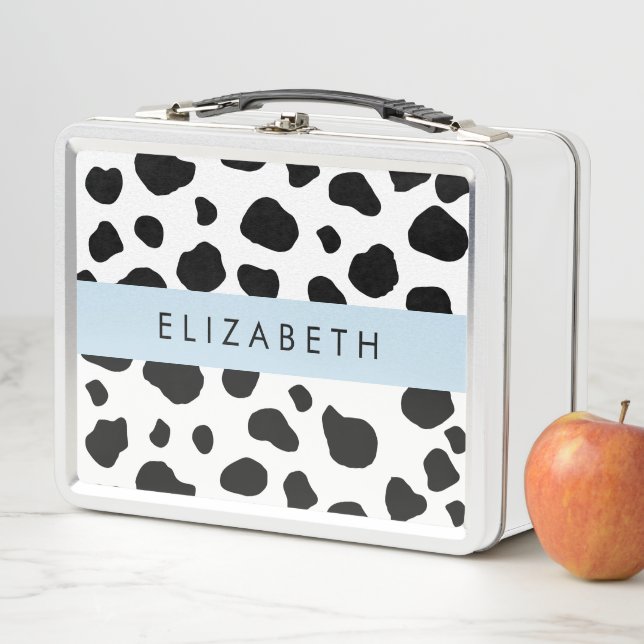 Cow Print, Cow Spots, Black And White, Your Name Metal Lunch Box (In Situ)