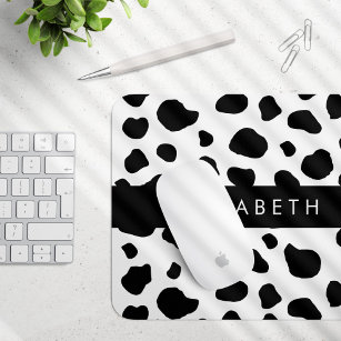 Cow Print, Cow Spots, Black And White, Your Name Mouse Pad