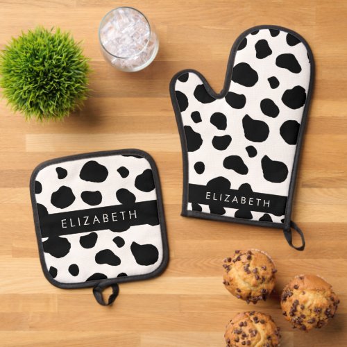 Cow Print Cow Spots Black And White Your Name Oven Mitt  Pot Holder Set