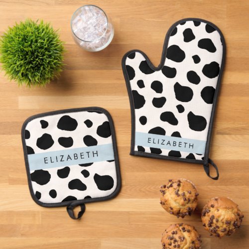 Cow Print Cow Spots Black And White Your Name Oven Mitt  Pot Holder Set
