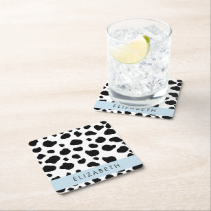 Cow Print, Cow Spots, Black And White, Your Name Square Paper Coaster