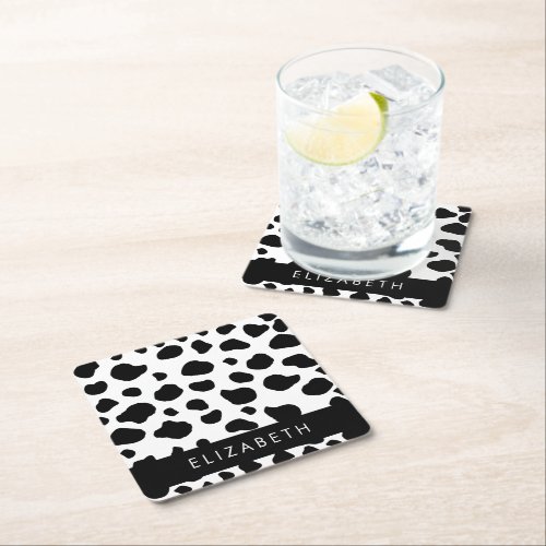 Cow Print Cow Spots Black And White Your Name Square Paper Coaster