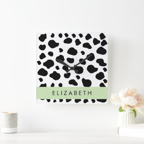 Cow Print Cow Spots Black And White Your Name Square Wall Clock