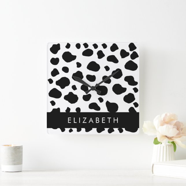 Cow Print, Cow Spots, Black And White, Your Name Square Wall Clock (Home)