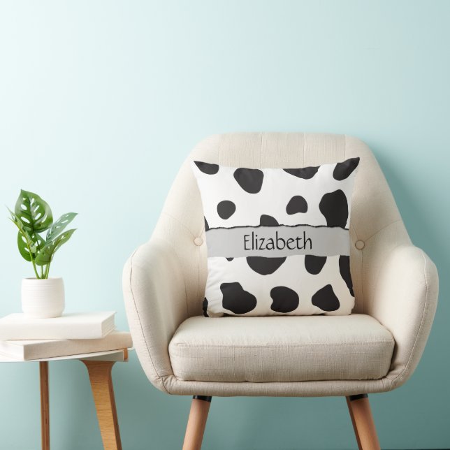 Cow Print, Cow Spots, Black And White, Your Name Throw Pillow (Chair)