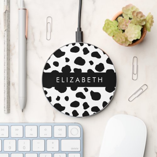 Cow Print Cow Spots Black And White Your Name Wireless Charger