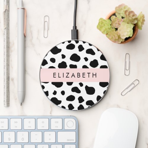 Cow Print Cow Spots Black And White Your Name Wireless Charger