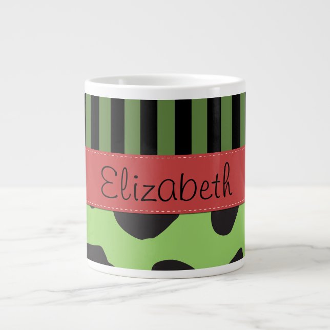 Cow Print, Cow Spots, Green Stripes, Your Name Giant Coffee Mug (Front)