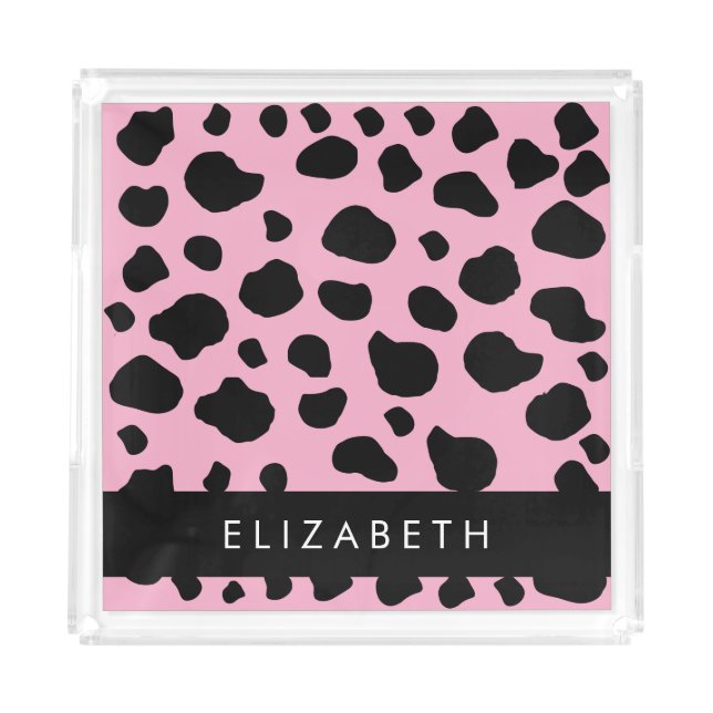 Cow Print, Cow Spots, Pink Cow, Your Name Acrylic Tray (Front)