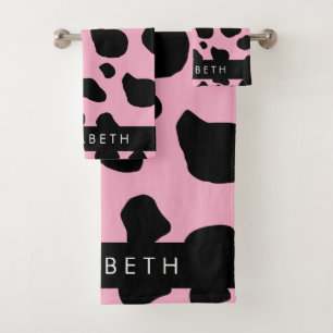 Cow Print, Cow Spots, Pink Cow, Your Name Bath Towel Set