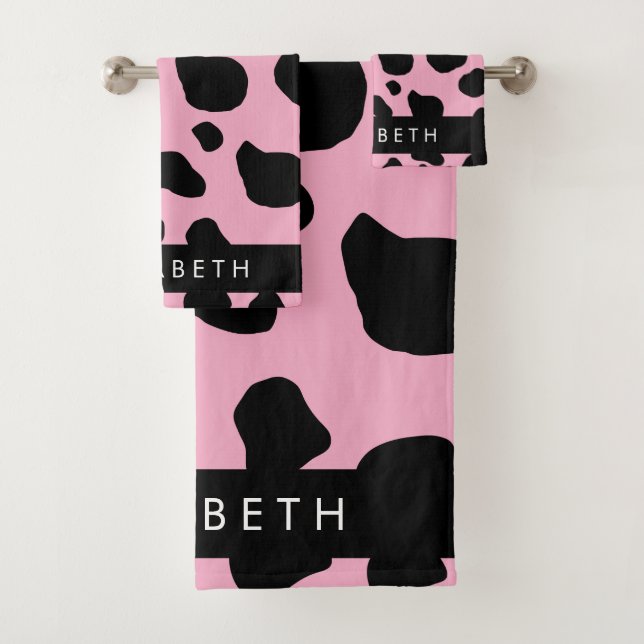 Cow Print, Cow Spots, Pink Cow, Your Name Bath Towel Set (Insitu)