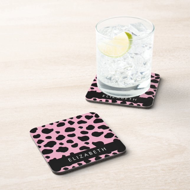Cow Print, Cow Spots, Pink Cow, Your Name Beverage Coaster (Right Side)