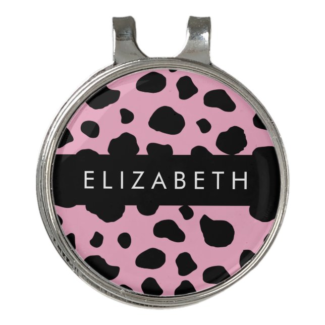 Cow Print, Cow Spots, Pink Cow, Your Name Golf Hat Clip (Front)