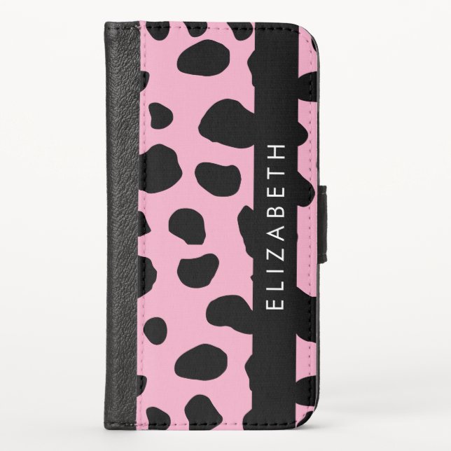 Cow Print, Cow Spots, Pink Cow, Your Name iPhone Wallet Case (Front)