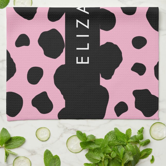 Cow Print, Cow Spots, Pink Cow, Your Name Kitchen Towel (Folded)