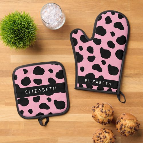 Cow Print Cow Spots Pink Cow Your Name Oven Mitt  Pot Holder Set