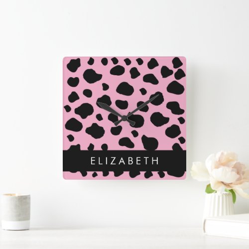 Cow Print Cow Spots Pink Cow Your Name Square Wall Clock