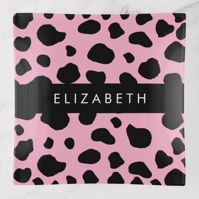 Cow Print, Cow Spots, Pink Cow, Your Name Trinket Tray (Front)