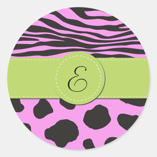 Cow Print, Cow Spots, Zebra Stripes, Monogram Classic Round Sticker (Front)