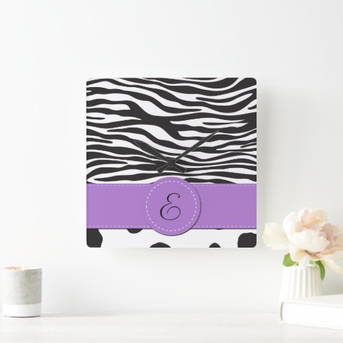 Cow Print Cow Spots Zebra Stripes Monogram Square Wall Clock