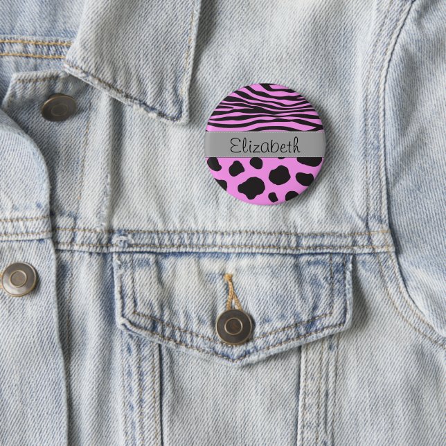 Cow Print, Cow Spots, Zebra Stripes, Your Name Pinback Button (In Situ)