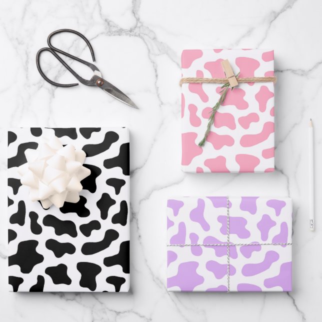 Cow Print Cowgirl Animal Pattern Pink Black Purple Wrapping Paper Sheets (Front)
