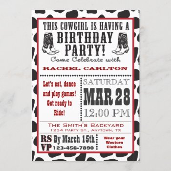 Cow Print Cowgirl Birthday Invitation by aaronsgraphics at Zazzle