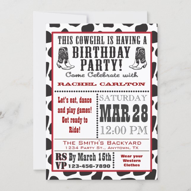 Cow Print Cowgirl Birthday Invitation (Front)