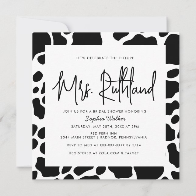 Cow Print Future Mrs Black & White Bridal Shower Invitation (Front)