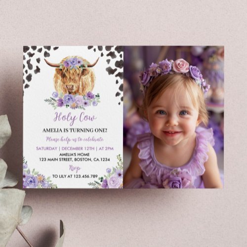 Cow Print Girl Birthday Floral Photo Invitation