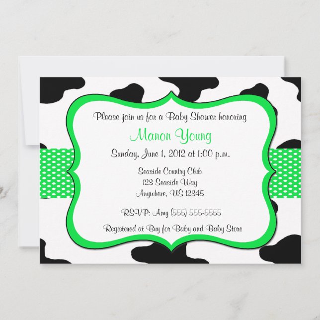 Cow Print Green Baby Shower or Birthday Invitation (Front)