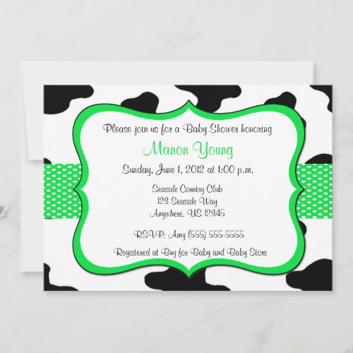 Cow Print Green Baby Shower or Birthday Invitation