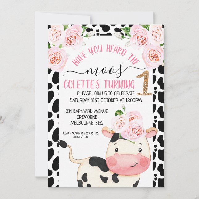Cow Print Have You Heard The Moos 1st Birthday Invitation (Front)