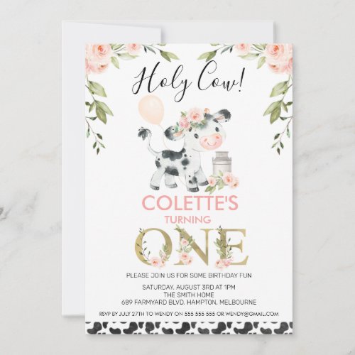 Cow Print Holy Cow Floral 1st Birthday Invitation