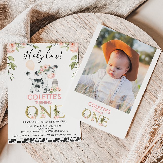 Cow Print Holy Cow Floral Photo Back 1st Birthday Invitation (Holy cow themed girl's first birthday invitation featuring a cute cow, balloon, cow print and photo.)
