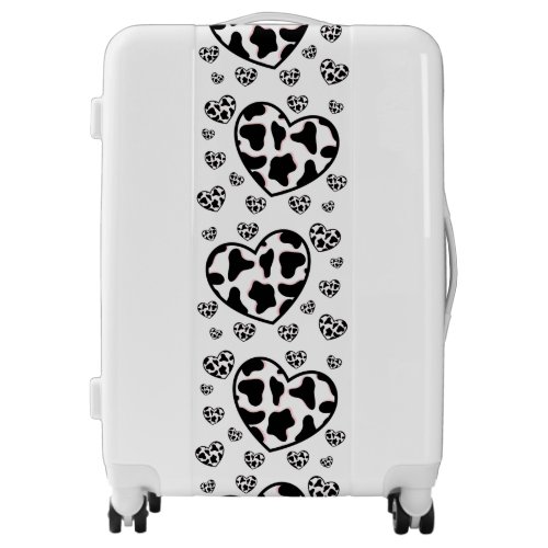 Cow print luggage heart pattern black white