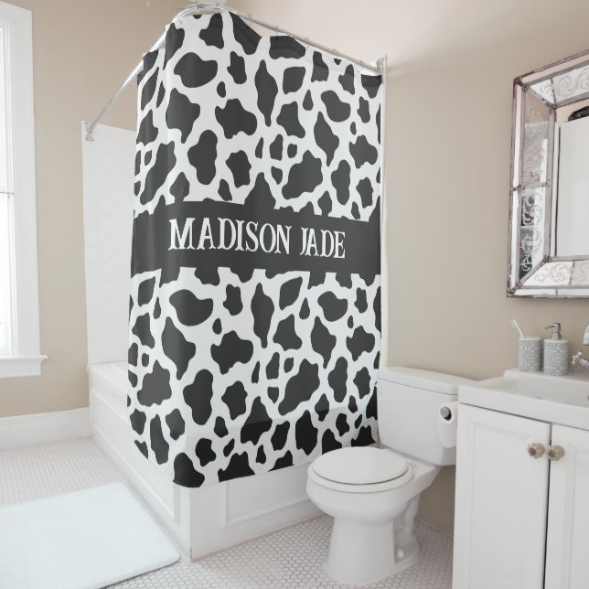 Cow Print Monogram Minimal Animal Print Shower Curtain (In Situ)