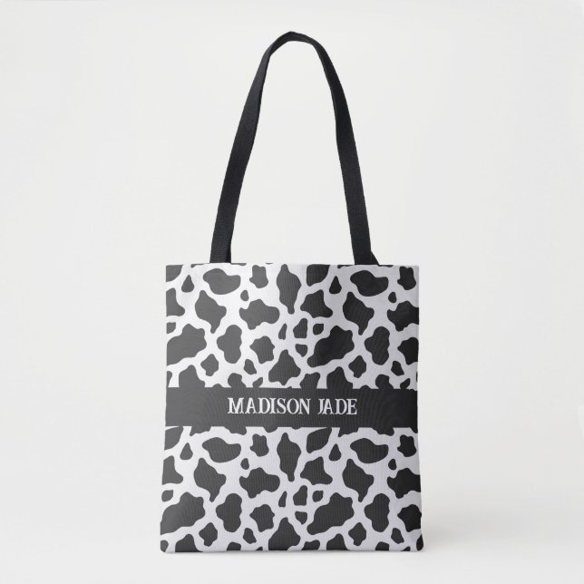 Cow Print Monogram Minimal Animal Print Tote Bag (Front)