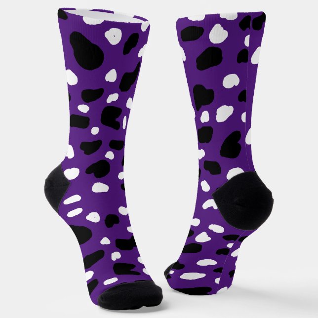 Cow Print On Purple, Crew Socks (Angled)