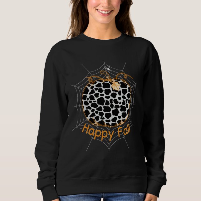 Cow Print Pattern Pumpkin Spider Halloween Happy F Sweatshirt (Front)