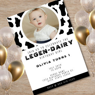 Cow Print Photo 1st Birthday Invitation