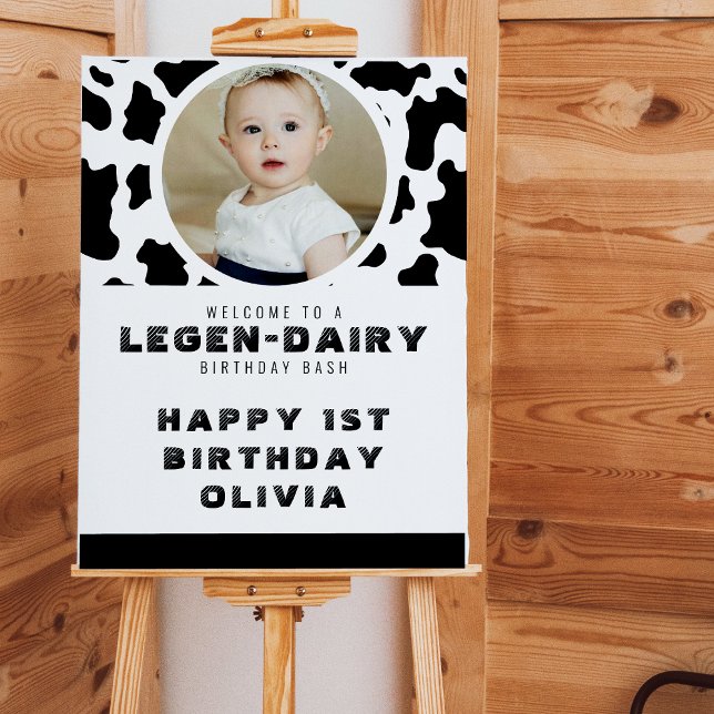 Cow Print Photo 1st Birthday Party Welcome Sign (Cow Print Photo 1st Birthday Party Welcome Sign)