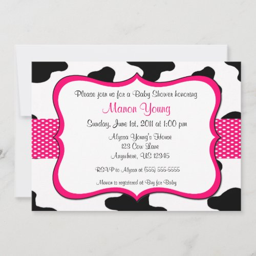 Cow Print Pink Baby Shower or Birthday Invitation