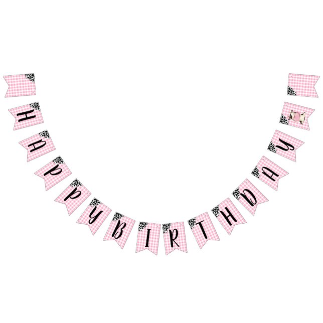 Cow Print Pink Gingham Happy Birthday Banner (All)
