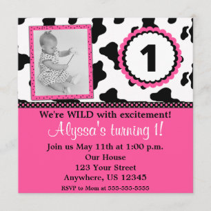 Cow Print Pink Girls Birthday Invite ANY AGE
