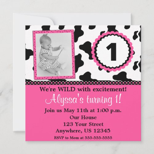 Cow Print Pink Girls Birthday Invite ANY AGE