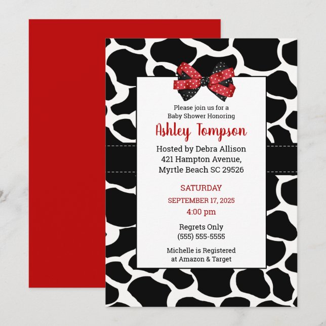 Cow Print Red Black Baby Shower Invitation (Front/Back)