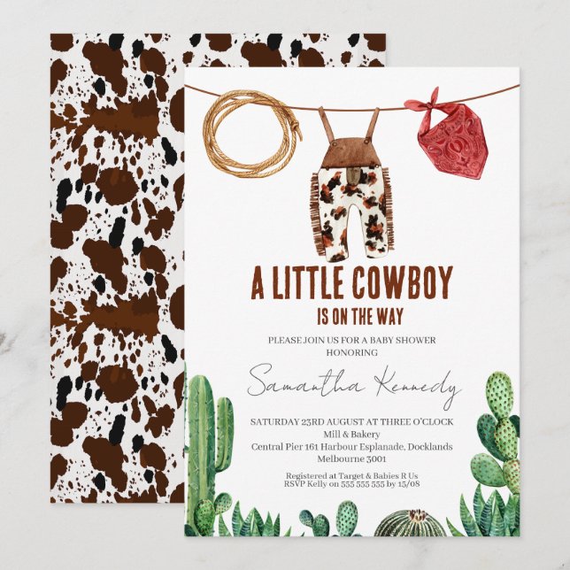 Cow Print Rustic Little Cowboy Baby Shower Invitation (Front/Back)